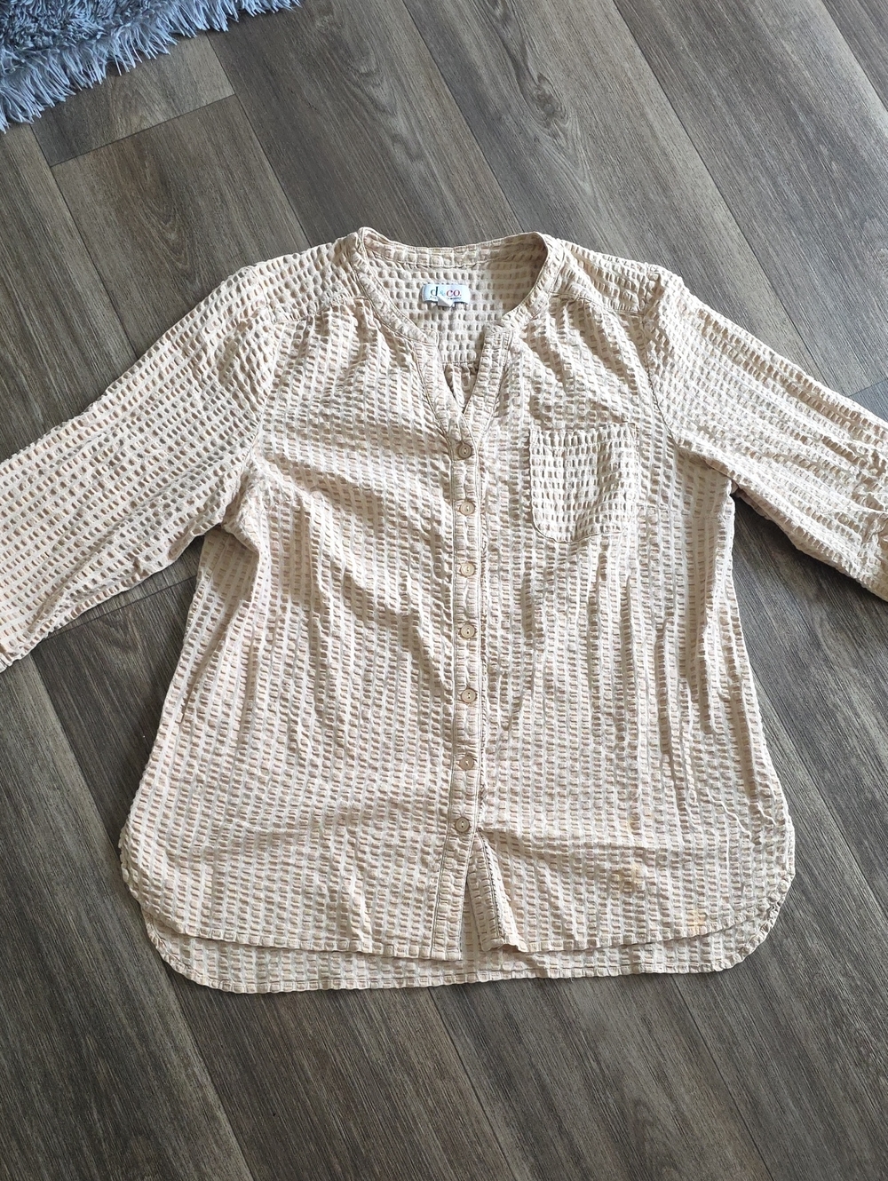 Textured Light Beige Button-Up Blouse with Pocket